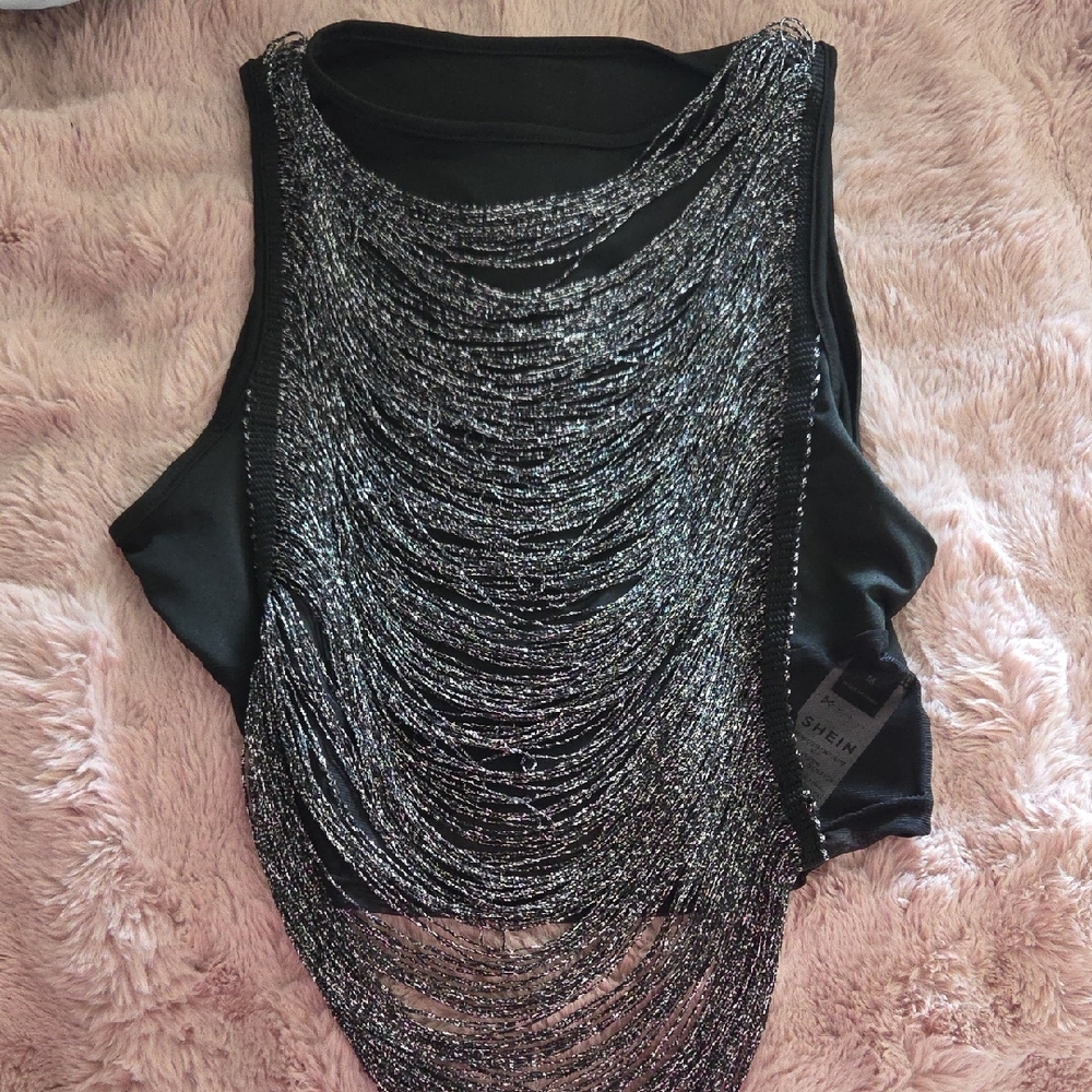 SHEIN Black Tank Top with Silver Metallic Chain Fringe. Brand New